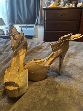 Gold Glitter Platform Stiletto Sandals with Ankle Wraps